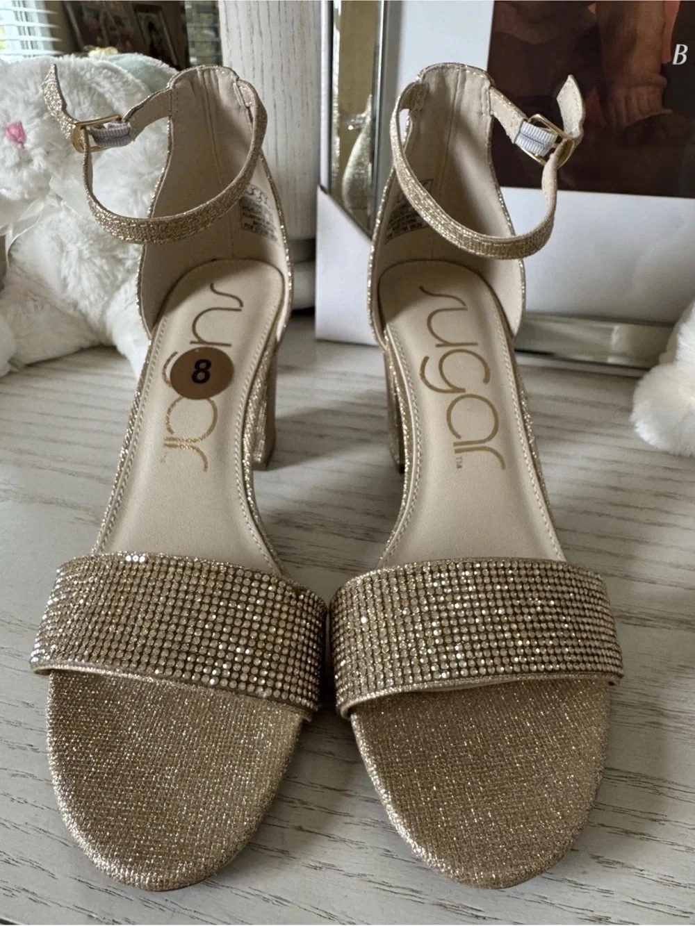 Sugar Gold Sparkle Block Heel Sandals with Ankle Strap Sz 8